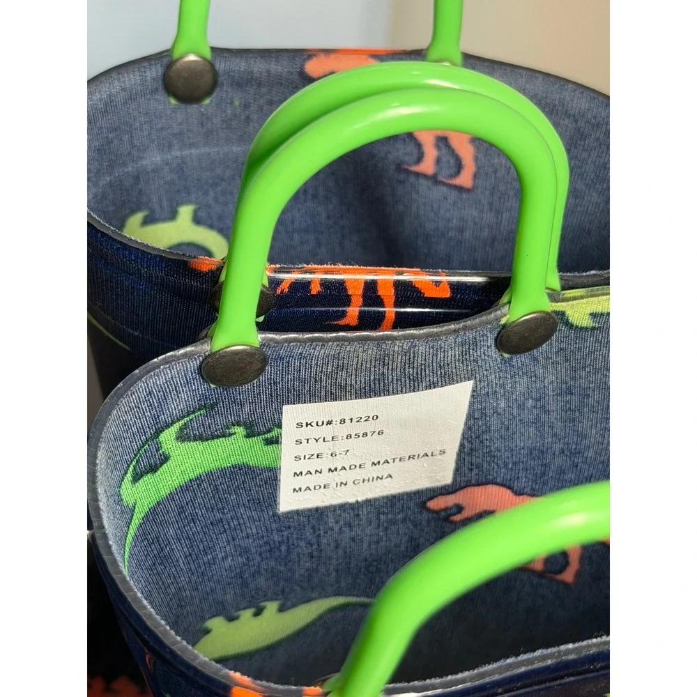 Kids Navy Blue Dinosaur Print Waterproof Rain Boots Pull On Green Handles 6-7